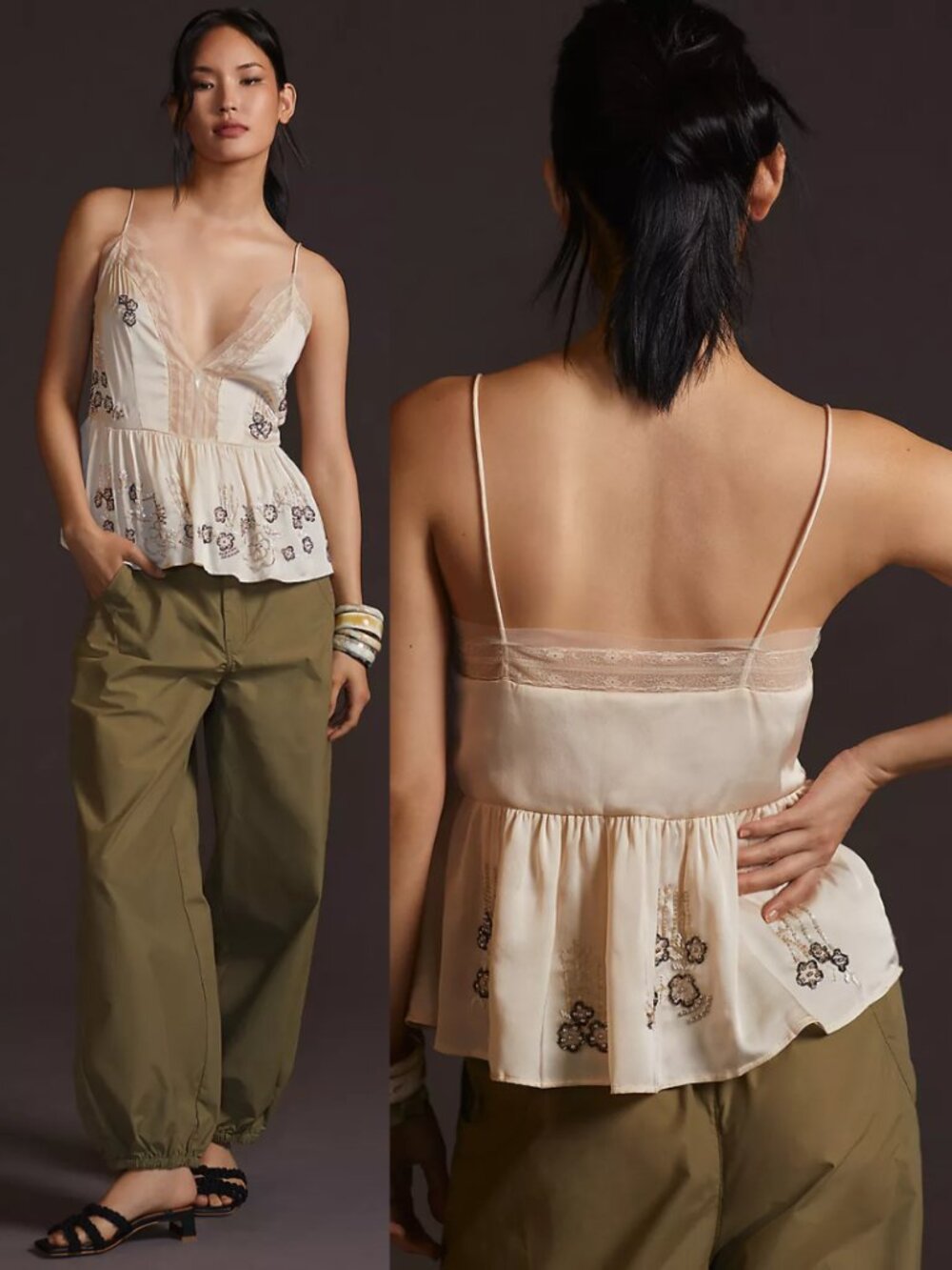 Let Me Be Ivory Beaded Sequin Strappy Peplum Cami
